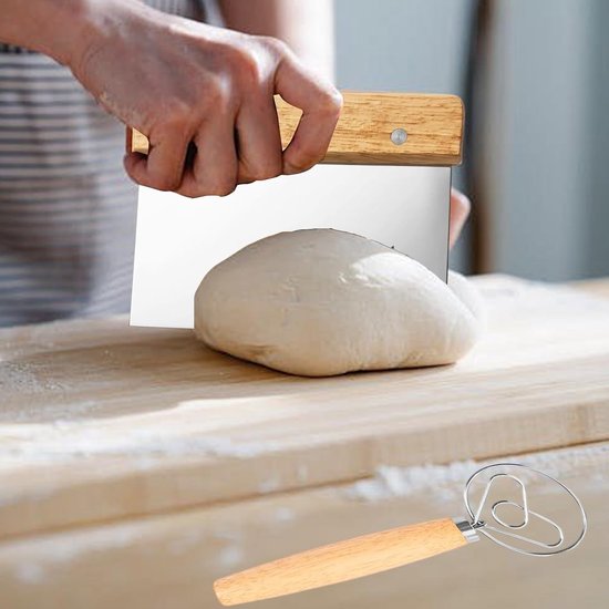 Deegschraper, Deense deegbezemset, deegkaart van roestvrij staal, Deense deeggarde, zuurdeegaccessoires, deegspatel, broodbakset voor amateurbakkers, voor brood, pizza, pannenkoeken, houtkleur — afbeelding 2