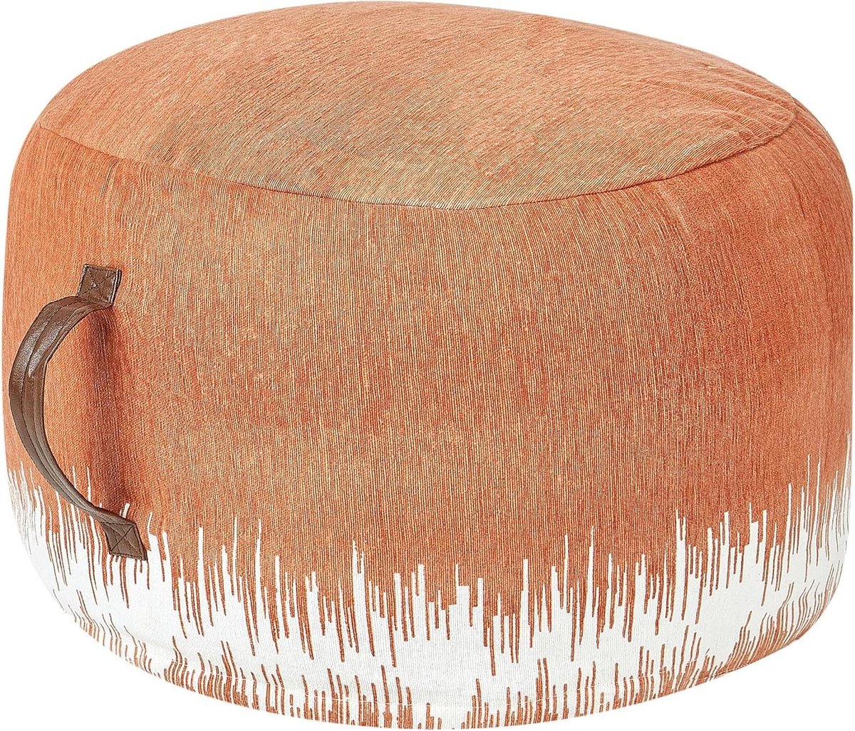 Ronde Poef - Zitkruk Decoratief - Woonkamer Decoratie - Handgemaakt Boho Patroon - 50x50x30 cm - Wit Oranje