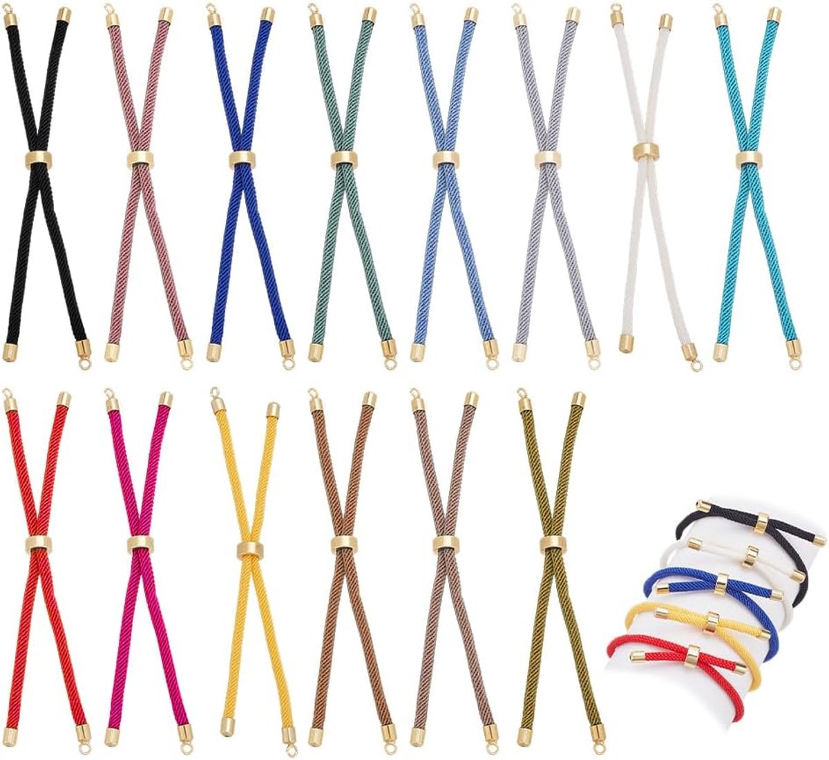 14 stuks verstelbare schuifarmbanden, 14 gekleurde nylon koorden, armbanden met messing beslag, kabelketting, hanger voor het maken van sieraden