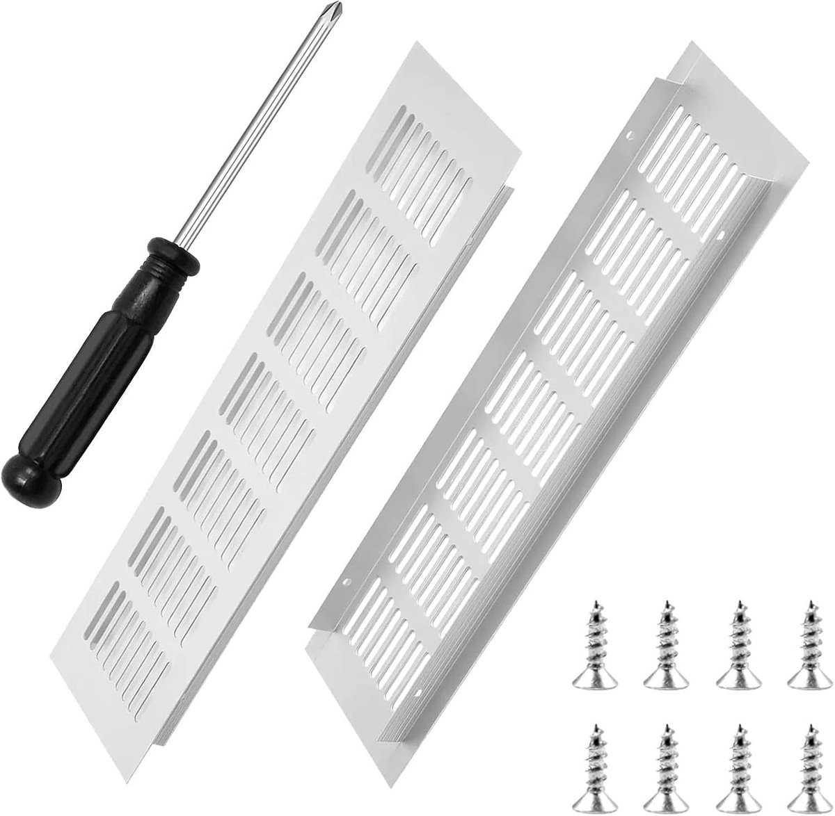 Set van 3 ventilatieafdekkingen 2 ventilatieroosters van aluminium + 1 schroevendraaier incl. schroeven. Rechthoekig 300 x 80 mm, zilverkleurig, geschikt voor kasten, keukenkasten en schoenenkasten.