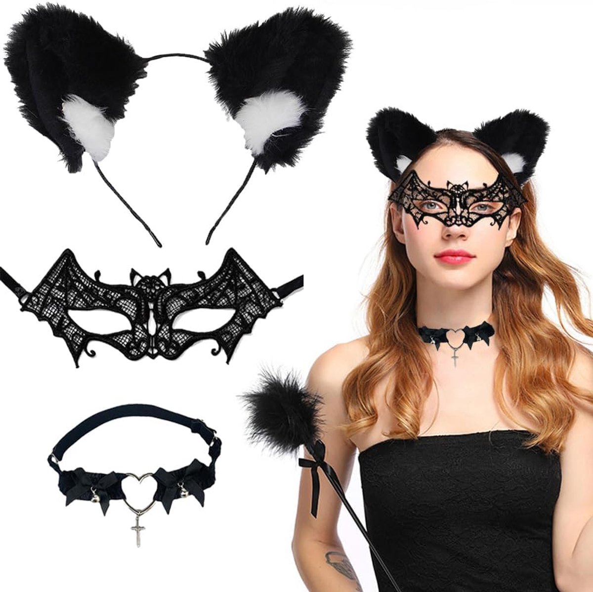 Lace maskerade kostuum sieraden set - sexy kant kostuum voor vrouwen - kattenoren haarband en vleermuis masker - SnelShoppen