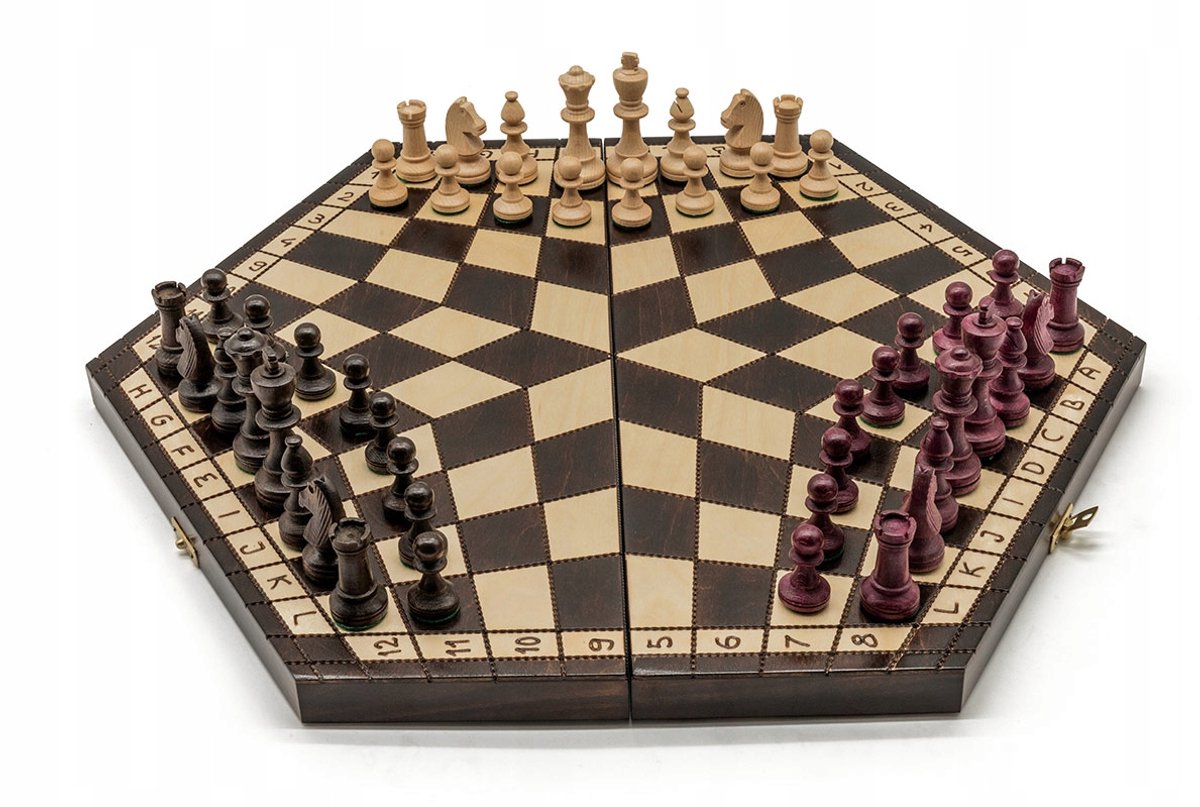 Grote Bruine Driekoppige Schaakset - Houten Spel voor 3 Spelers