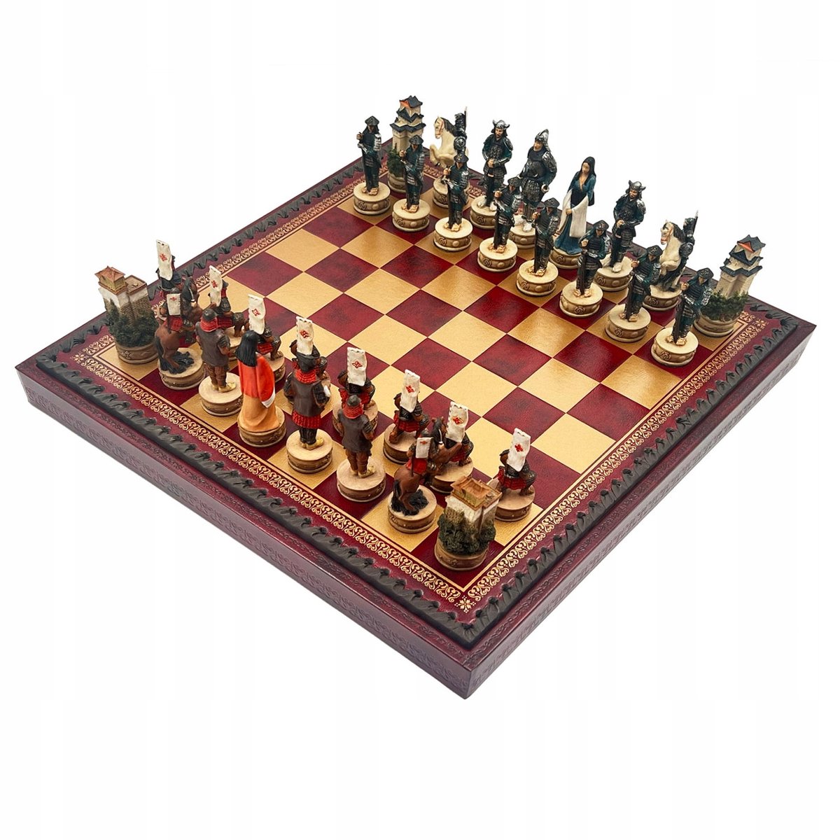 Luxe Samurai Schakset van Hars met Goud/Bordeaux Schakbord