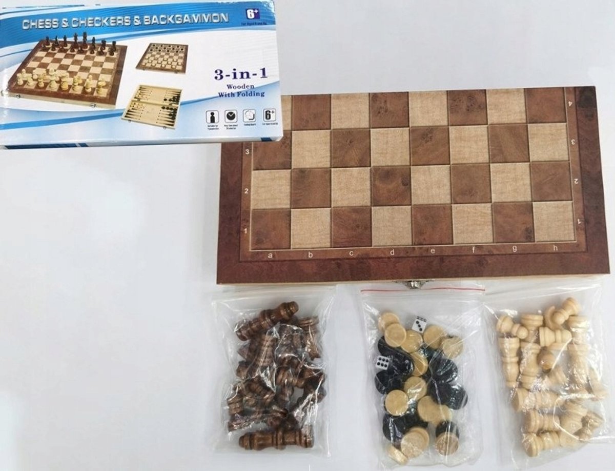 Houten 3-in-1 Schaken, Dammen & Backgammon Spel