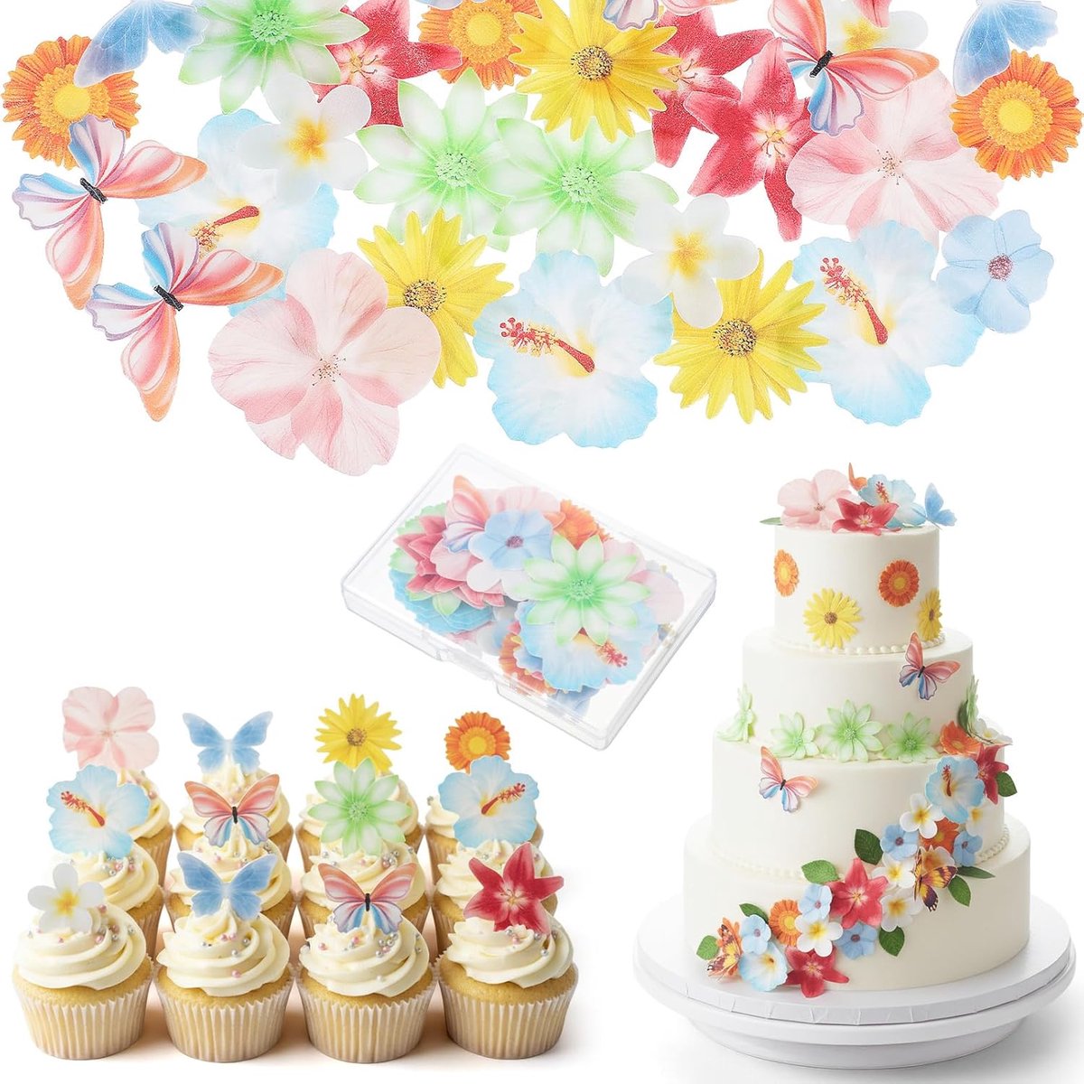 Eetbare bloemen vlinder taart decoraties, eetbare bloem taart toppers wafel papier bloemen vlinder voor taarten voor bruiloft verjaardagsfeestje babyshower benodigdheden