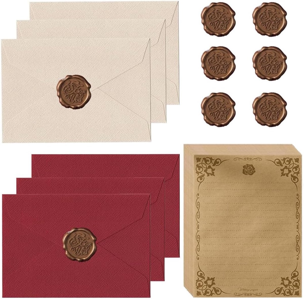 Antiek briefpapier set - 6 linnen enveloppen - inclusief waszegels - voor stijlvolle uitnodigingen - ShopVlot