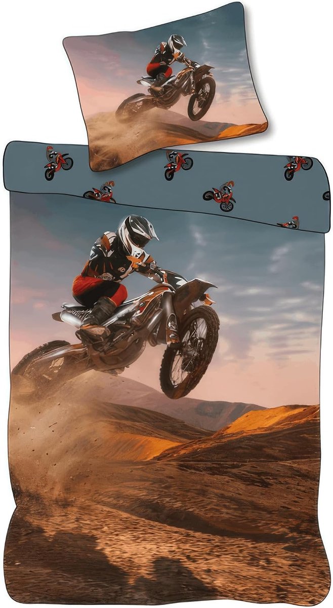 Dekbedovertrek set motocross 135x200 cm - 100% katoen - temperatuurregulerend - perfect voor motorrijders - ShopVlot