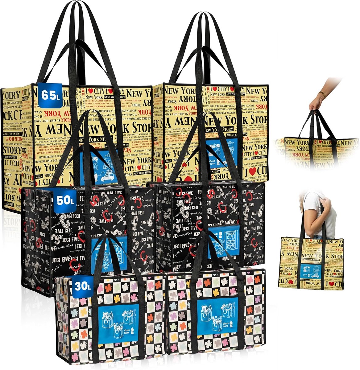 Set van 6 weekendtassen (2 x 30 l, 2 x 50 l, 2 x 65 l) - duurzaam PP-vlies - met voorvak en dubbele handgrepen - ShopVlot