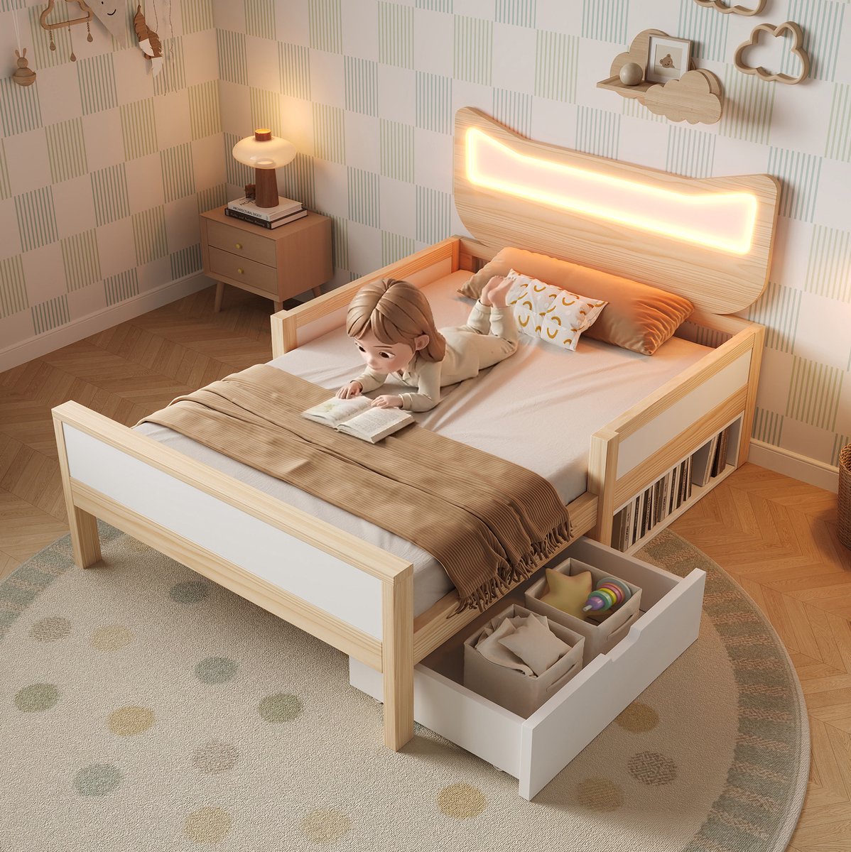 REDOM - Kinderbed - Kattenkopbord met RGB LED - Lattenbodem en uitvalbeveiliging - Lade en opbergruimte links of rechts - Hout MDF spaanplaat - Wit en Eiken - 206 x 96,5 x 94 cm