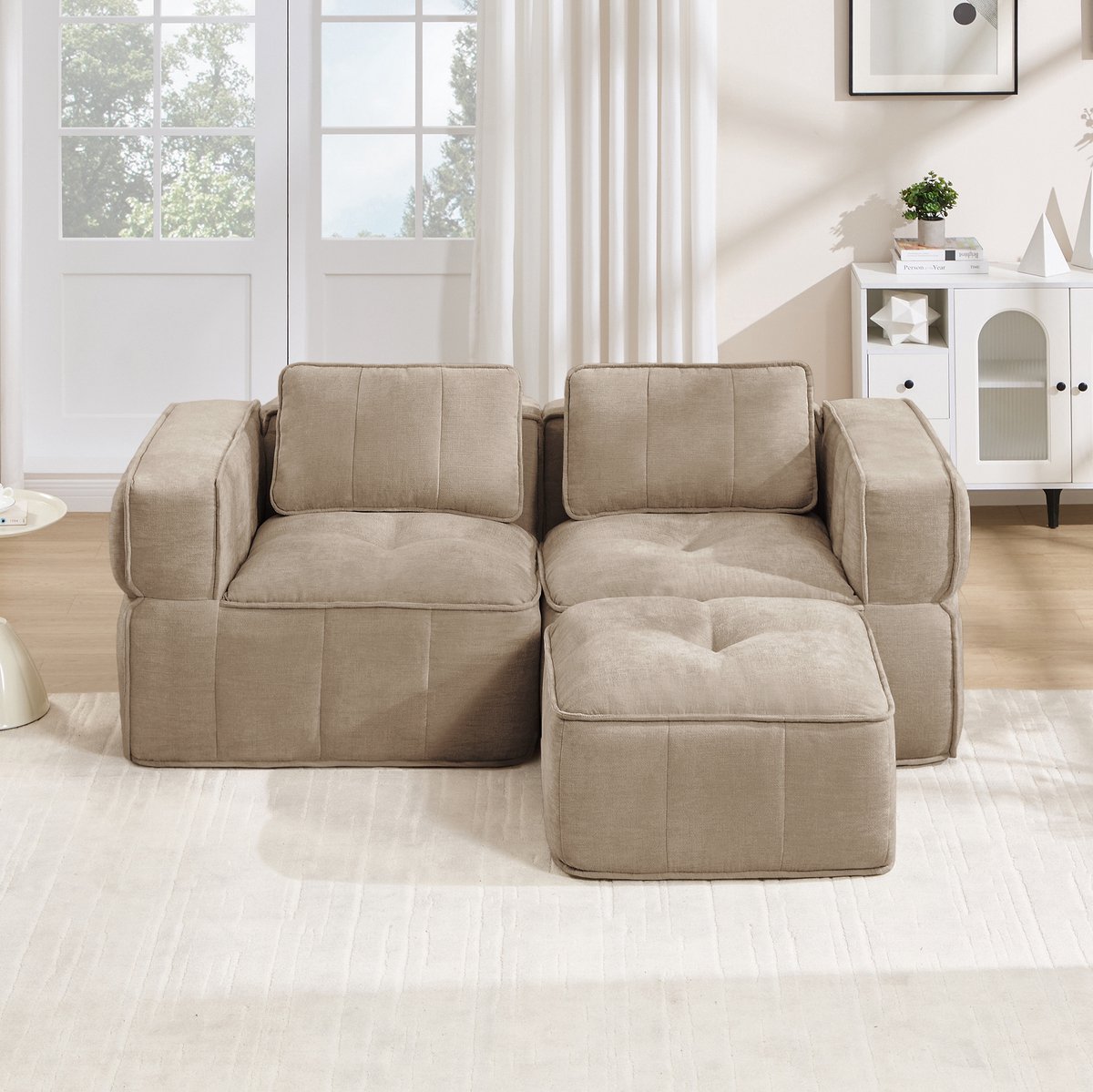 STILVORA Hoekbank 198 x 162 cm - Modulaire 2-Zits Met Hocker En Diepe Zitting - Voor Woonkamer En Appartement - Polyester - Zand