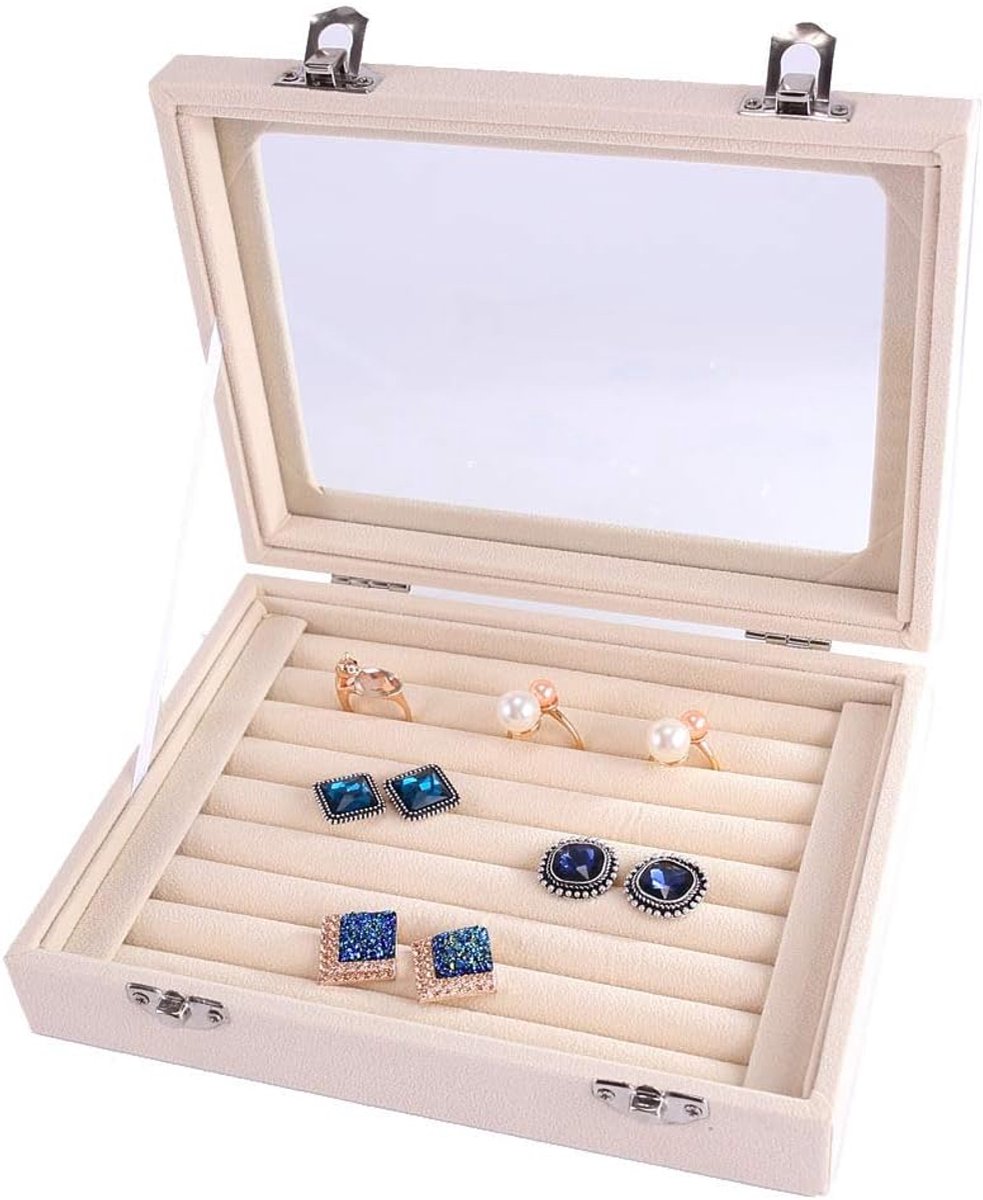 Sieradenopbergdoos 7 Slots - Velvet met Doorzichtig Deksel - Earring Organizer voor Ringen en Oorbellen - SnelShoppen