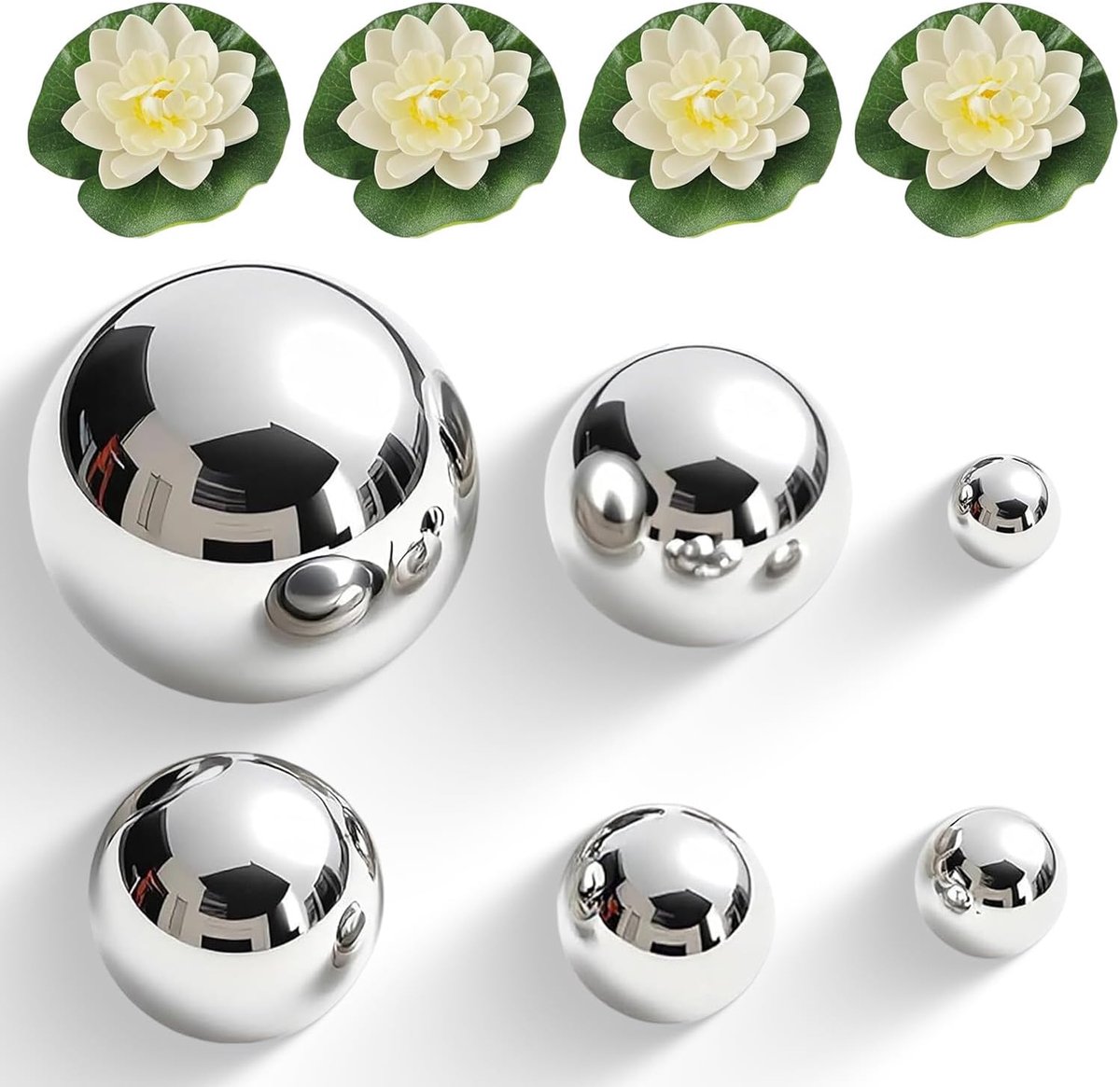 Decoratieve ballen set van 6 - roestvrij staal - met drijvende bloemen - perfect voor vijver en tuin - SnelShoppen