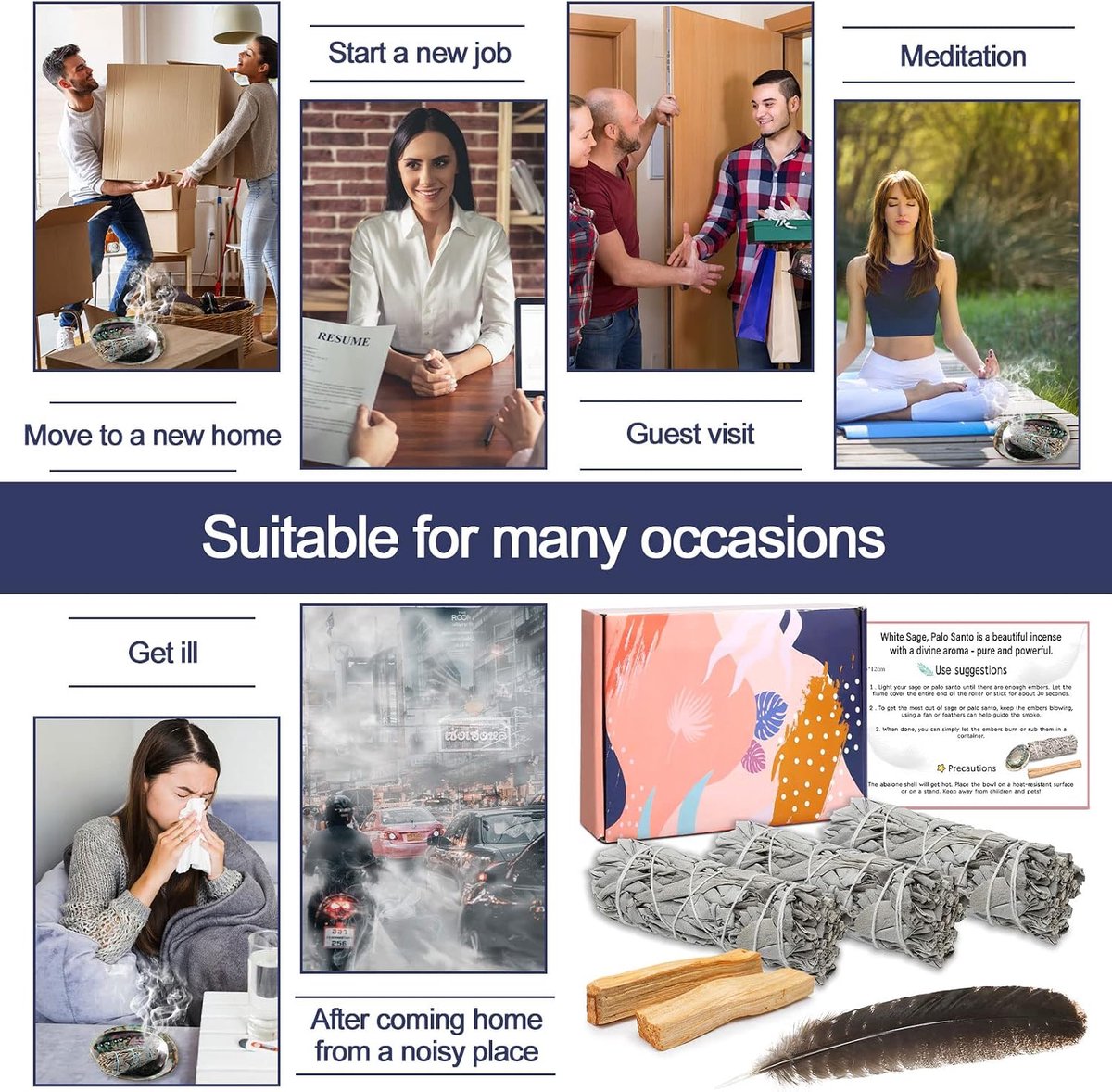 Wierookset - 3 bundels witte salie en 2 Palo Santo - Abalone-schelp en veer - Elimineert negatieve energieën - SnelShoppen