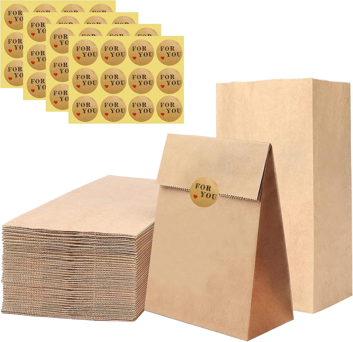 Papieren zakken 17 x 9 x 5,5 cm - bruine kraftpapier zakjes - met stickers - perfect voor cadeauverpakkingen - SnelShoppen