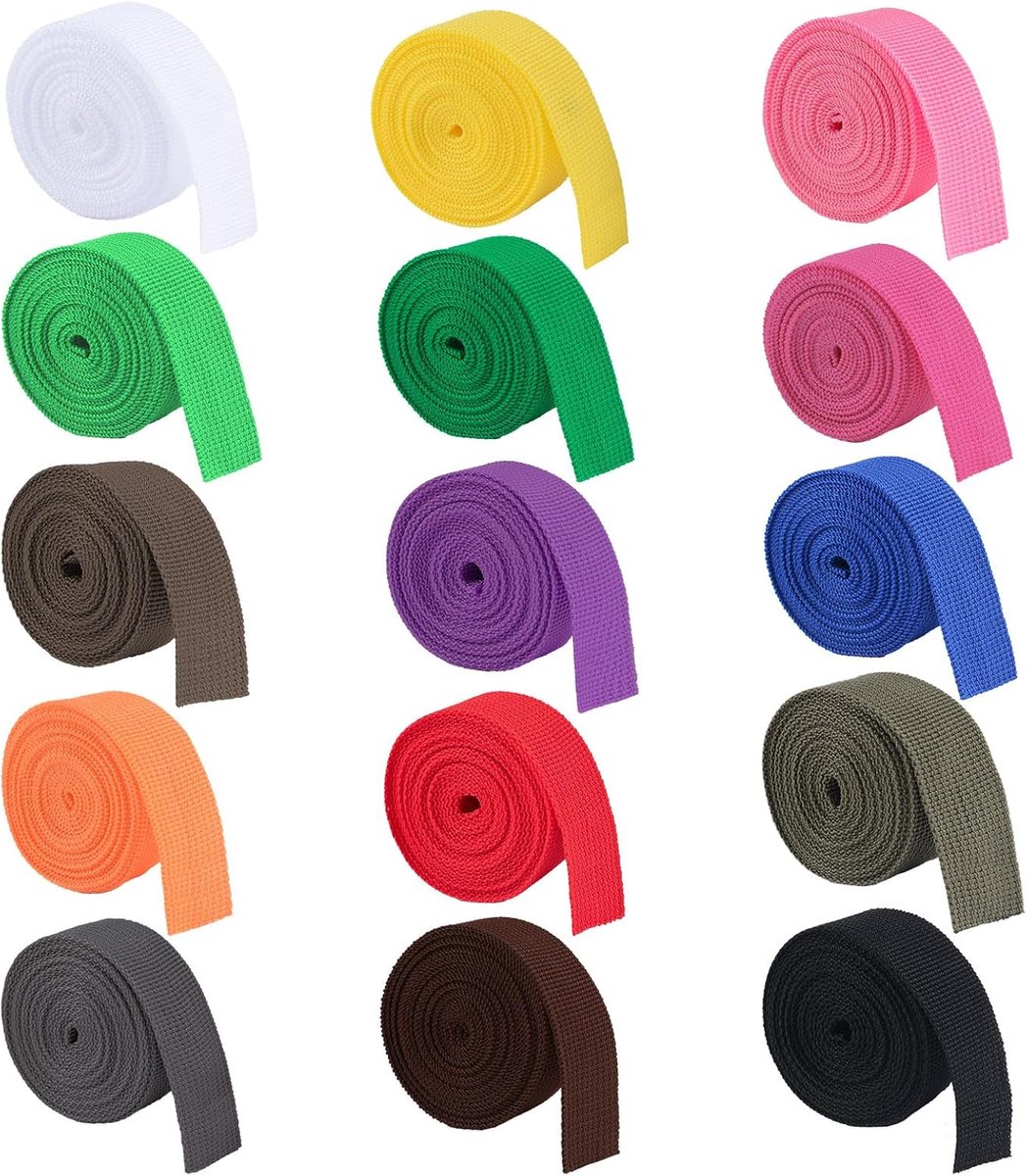 Polypropyleen gevlochten tape 15 rollen - 2,5 cm breed - kleurrijke webbing - SnelShoppen