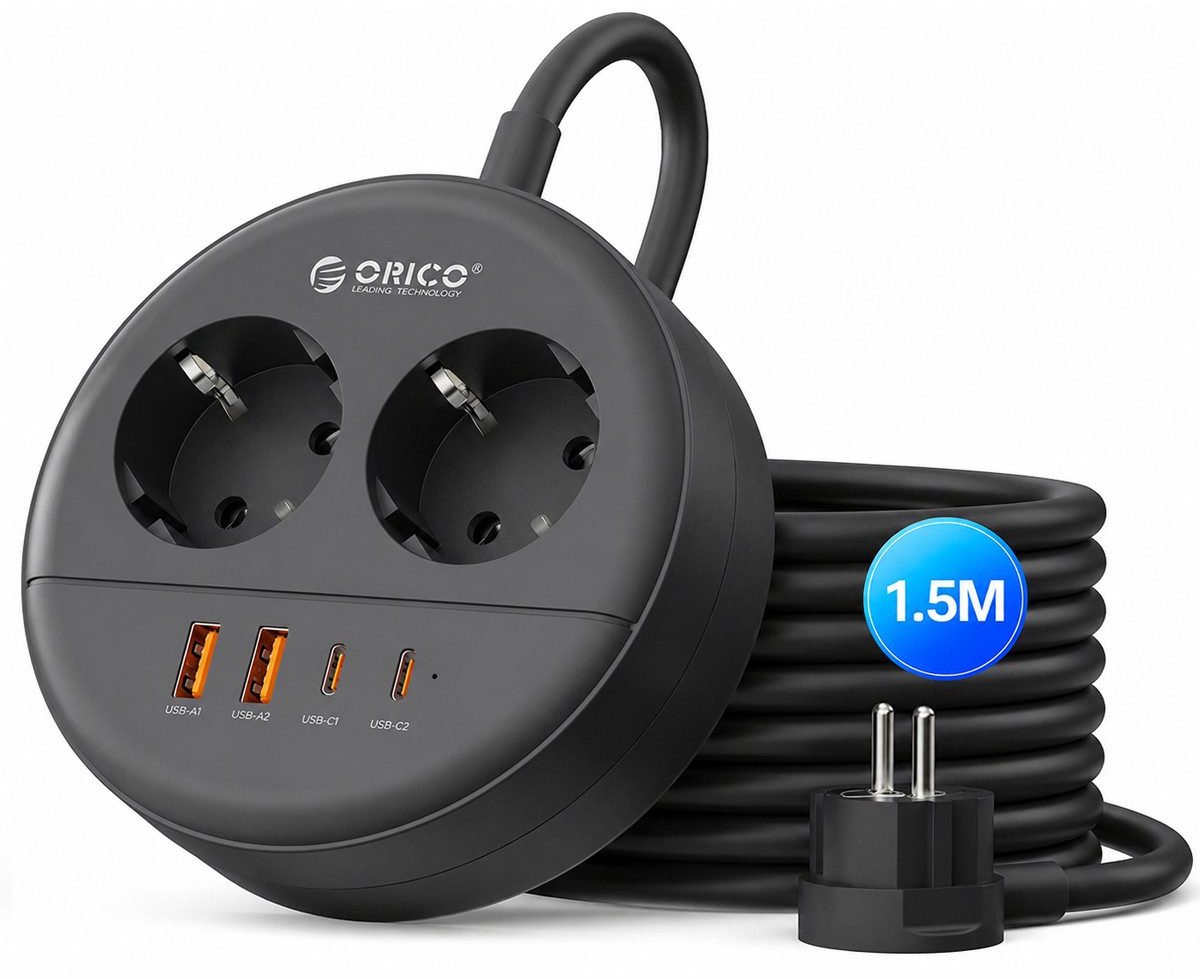 ORICO OSP - Ronde stekkerdoos - 20W Snellader - 2x Stopcontacten, 2x USB-C & 2x USB-A - Platte stekker - 1,5 m kabel - Wandmontage-stekkerdoos met veiligheidsvergrendeling - Zwart