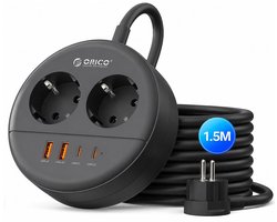 ORICO OSP - Ronde stekkerdoos - 20W Snellader - 2x Stopcontacten, 2x USB-C & 2x USB-A - Platte stekker - 1,5 m kabel - Wandmontage-stekkerdoos met veiligheidsvergrendeling - Zwart