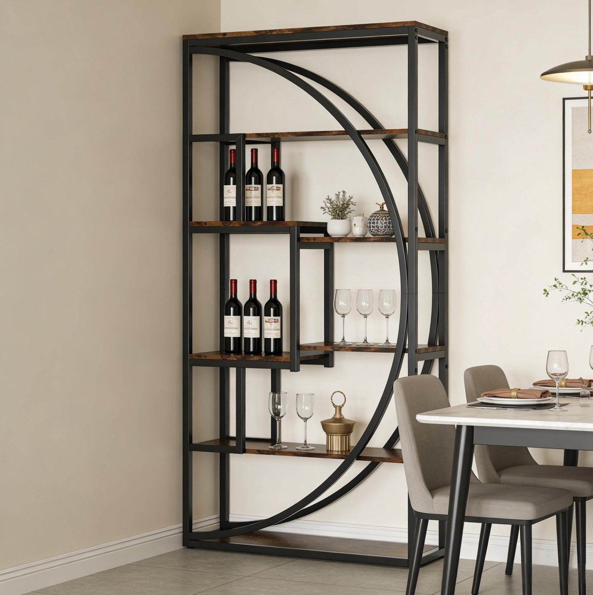 MIVRAY Boekenkast – Geometrisch Open Design – 80 x 30 x 179 cm – Metaal En Spaanplaat – Zwart En Rustiek Bruin – Voor Woonkamer En Kantoor