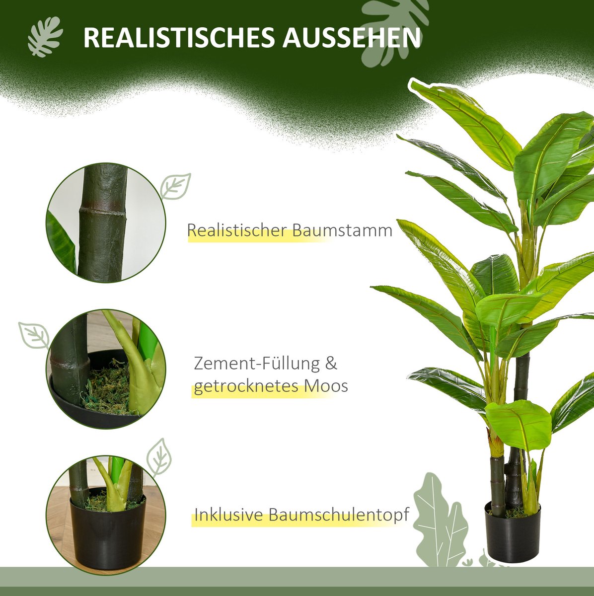 Kunstplant Realistische Bananenboom 150 Cm Van Kunststof Groen Voor Binnen En Buiten Met Zwarte Bloempot En 18 Bladeren