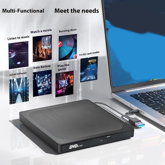 Externe CD/DVD Brander - Optisch Station - Schijven Lezen/Schrijven - USB-C en USB 3.0 - 14 cm - Zwart — afbeelding 2