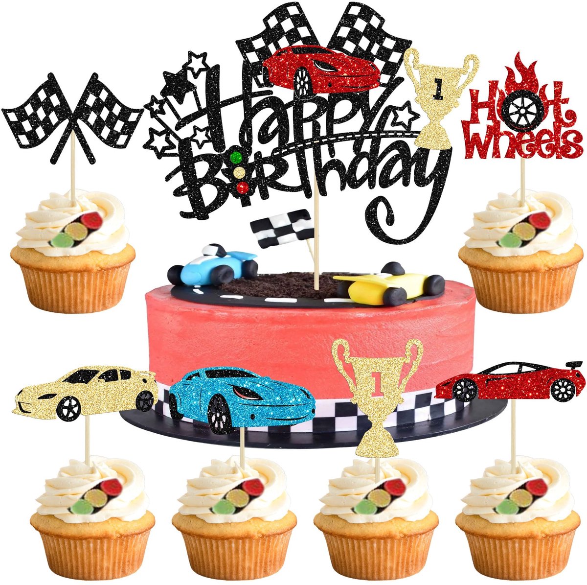 Race-taartdecoratie - 24 auto-cupcake-toppers - racewagenthema - feestelijke versiering voor jongens en meisjes - ShopVlot