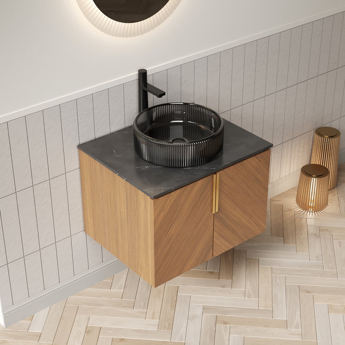 MODENUIT Badkamermeubel - Zwart Glazen Wasbak En Sintersteen Werkblad - 2 Deuren - 61 Cm - Zwart En Bruin Eiken
