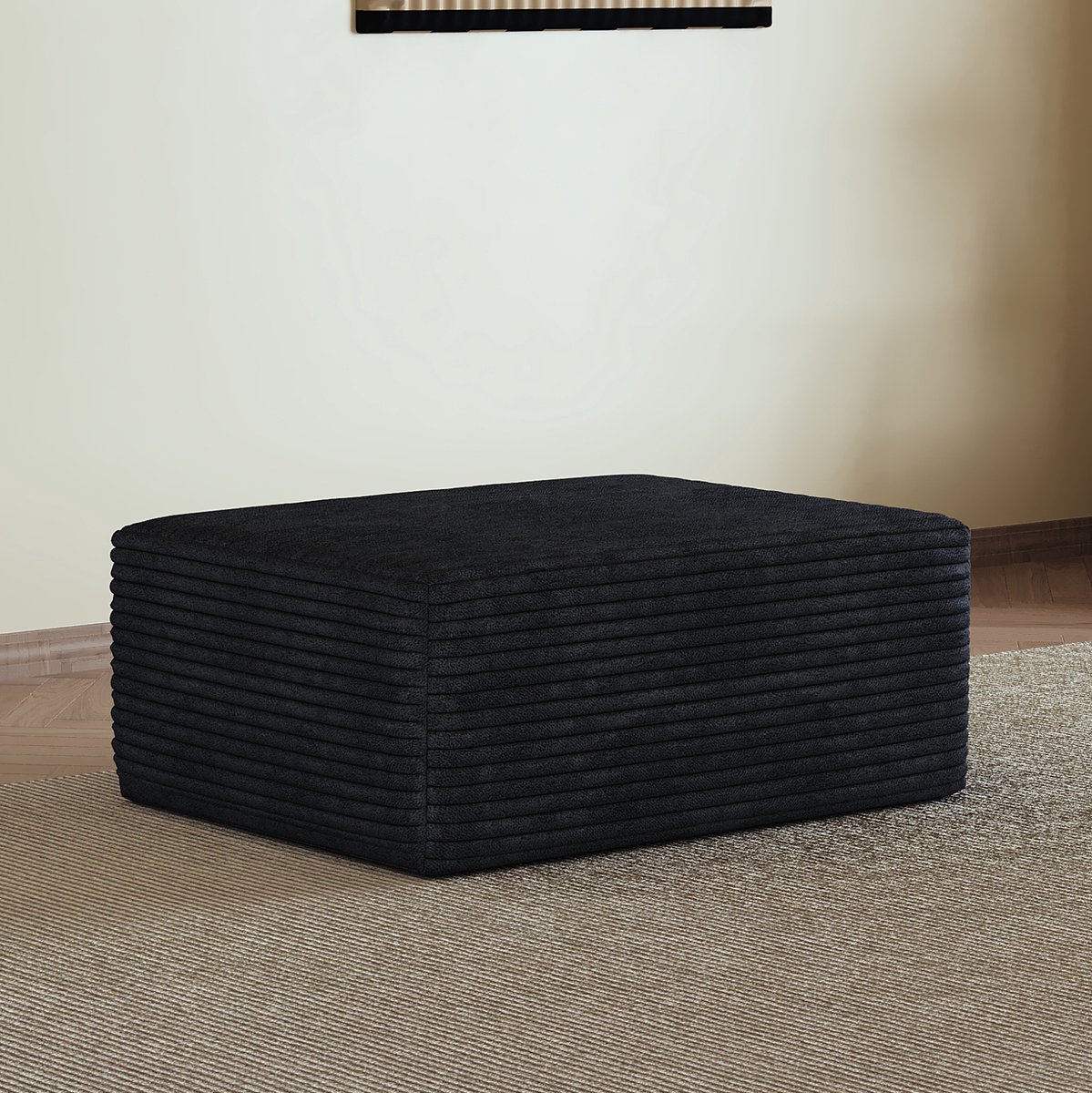 FloraGrace Hocker 95 x 70 x 40 cm - Zachte Ribstof Ottoman Zonder Montage - Comfortabele Voetenbank Voor Woonkamer En Slaapkamer - Zwart