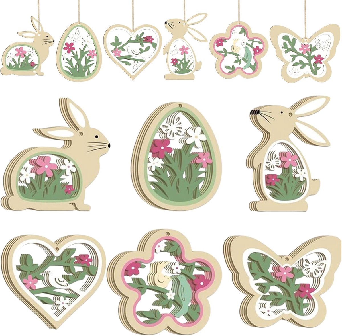 Houten Paasdecoraties 24-delig - Verschillende Motieven - Voor Lente Decoratie - SnelShoppen