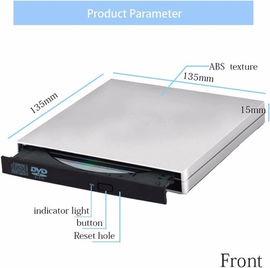 Externe DVD CD Schijf - Draagbare Brander Lezer - Bestanden Opslaan - Zilver Dun Design - 500 g - Zilver — afbeelding 3