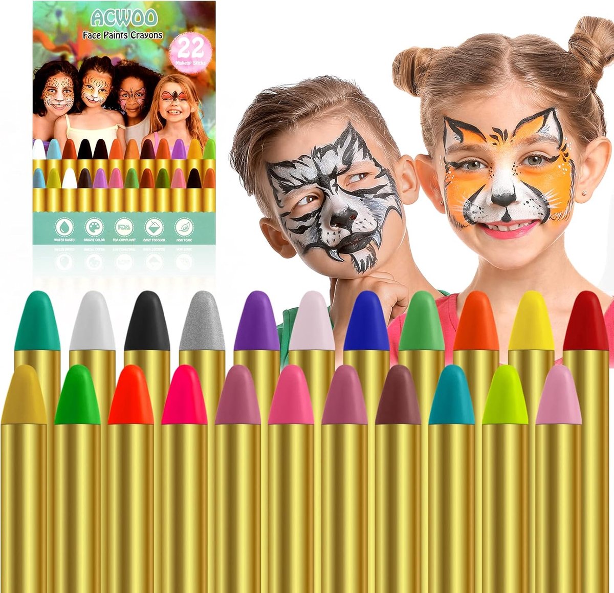 Gezichtschmink set 22 kleuren - veilig en niet-toxisch - levendige kleuren voor feesten - stimuleert creativiteit - SnelShoppen