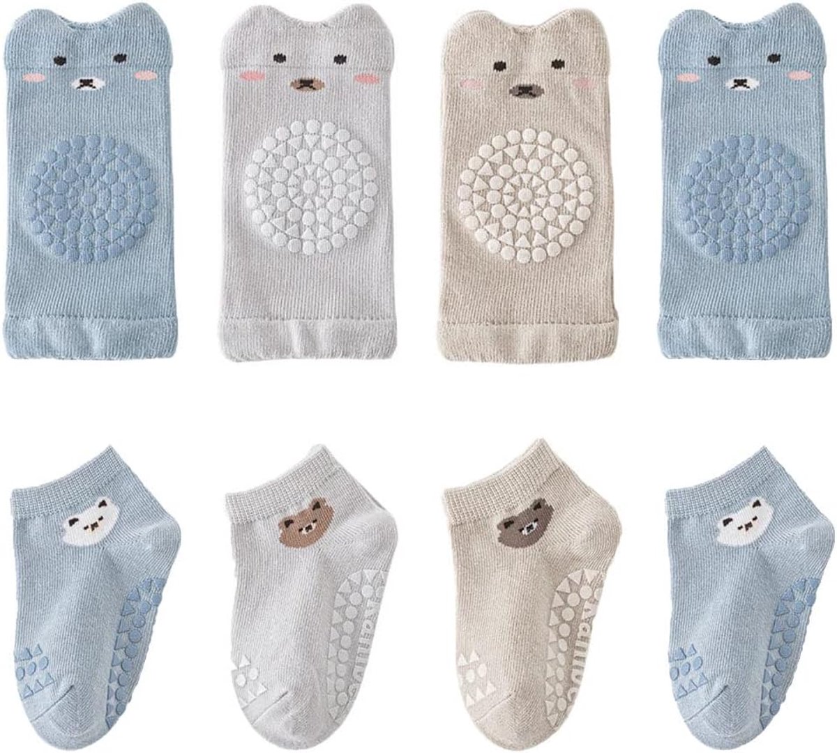 Kniebeschermers voor kruipende kinderen - 4 paar met dierenmotieven - Antislip kindersokken - Veiligheid en comfort - SnelShoppen