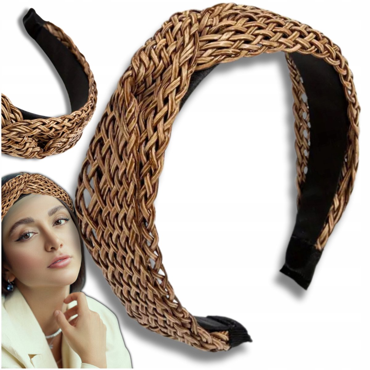 Brede Rattan Twist Haarband - Boho Stijl, Ajour, Natuurlijk