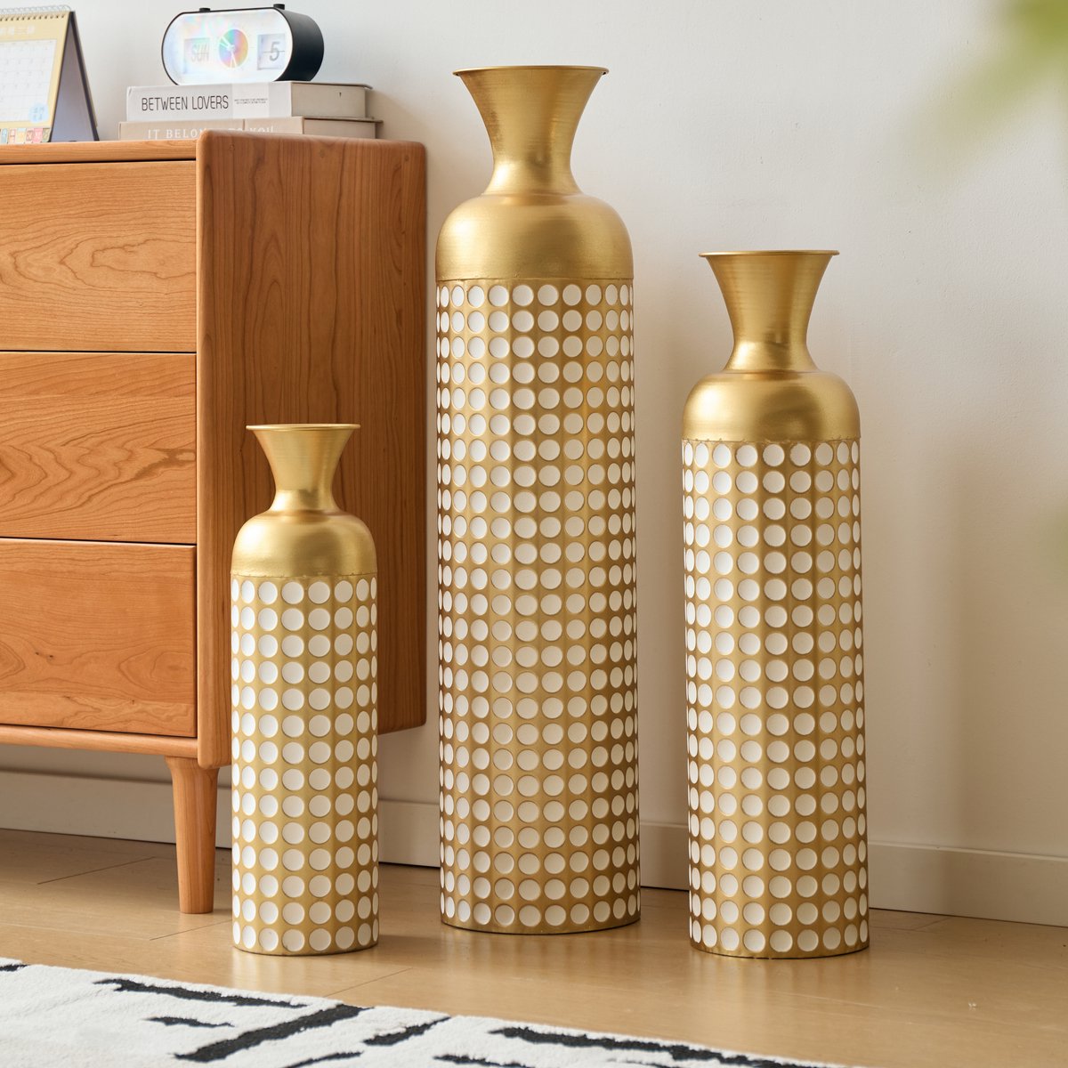 DESMIU Vaas – 3 Delige Gouden Metalen Bodemvazen Set – 83 66 50 Cm – Metaal – Goud Wit – Voor Woonkamer Hal En Bureau – Stapelbaar