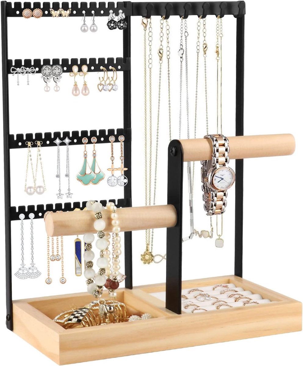 Sieradenstandaard - Houten basis - Zwart met metalen haken - Houdt je sieraden georganiseerd - ShopVlot
