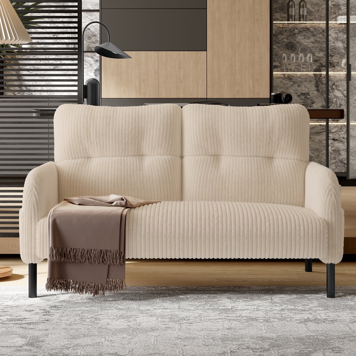 MEUNIQ 2-zitsbank van cord in beige met hoge rugleuning, zijvak, metalen poten en zachte bekleding voor woonkamer, slaapkamer of leeshoek