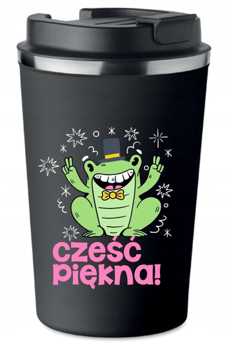 Merkloos Thermosbeker Zwart met "CZEŚĆ PIĘKNA" Kikkerprint - 350ml