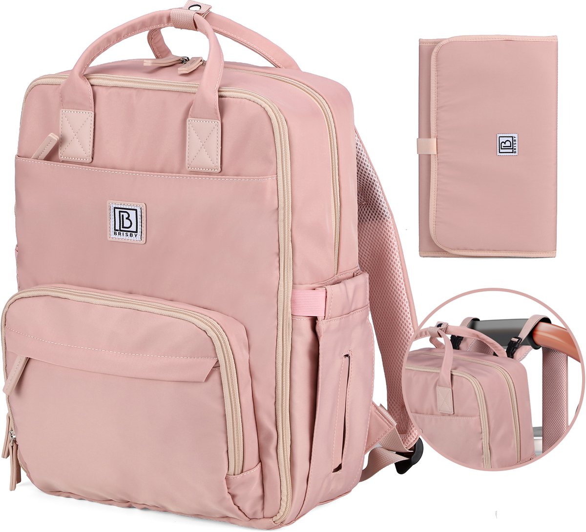 Brisby slijtvaste Luiertas – verzorgingstas – met buggymontage - Soft Pink