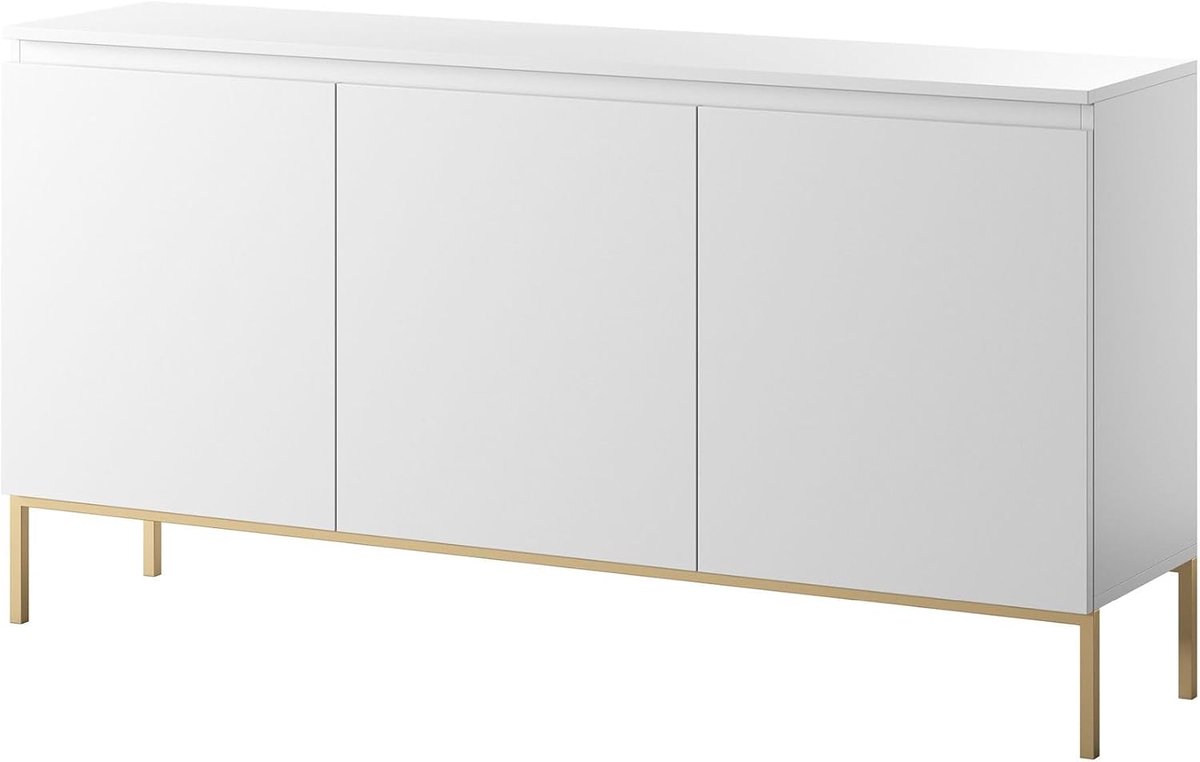 Dressoir 150 cm - Wit met gouden stalen poten - Moderne kast met 3 deuren - Elegante opbergoplossing voor de woonkamer - ShopVlot