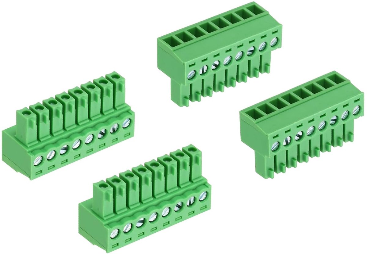 4 stuks PCB-klemblok, 300 V, 8 A, mannelijk, 8-polig, 3,5 mm klemblok met schroeven voor printplaten, voor industriële doeleinden, elektronische projecten, groen
