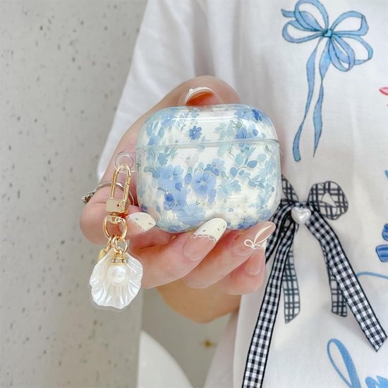 voor AirPods 4 hoesje schattig, vrouw prachtige Kawaii bloemen prints patroon ontwerp, creatieve 3D bloem cartoon oortelefoon beschermhoes (blauw) — afbeelding 5