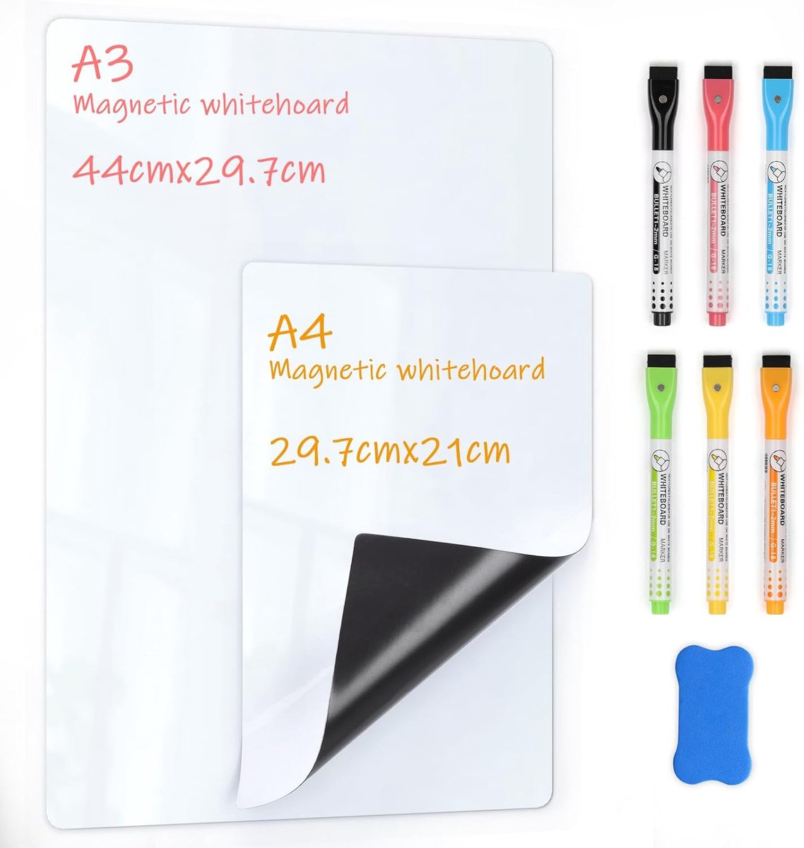 Magnetisch whiteboard A3 + A4 - 2-pack met 6 markers en wisser - eenvoudig te beschrijven - weekplanner voor thuis - SnelShoppen