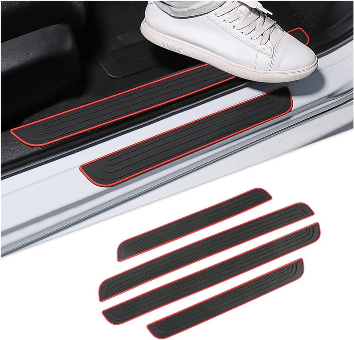 Set van 4 instaplijsten, anti-kras beschermstrips voor instaplijsten, auto-accessoires, opstapjes voor autoportieren, decoratie van dorpels (Rood/Wit)