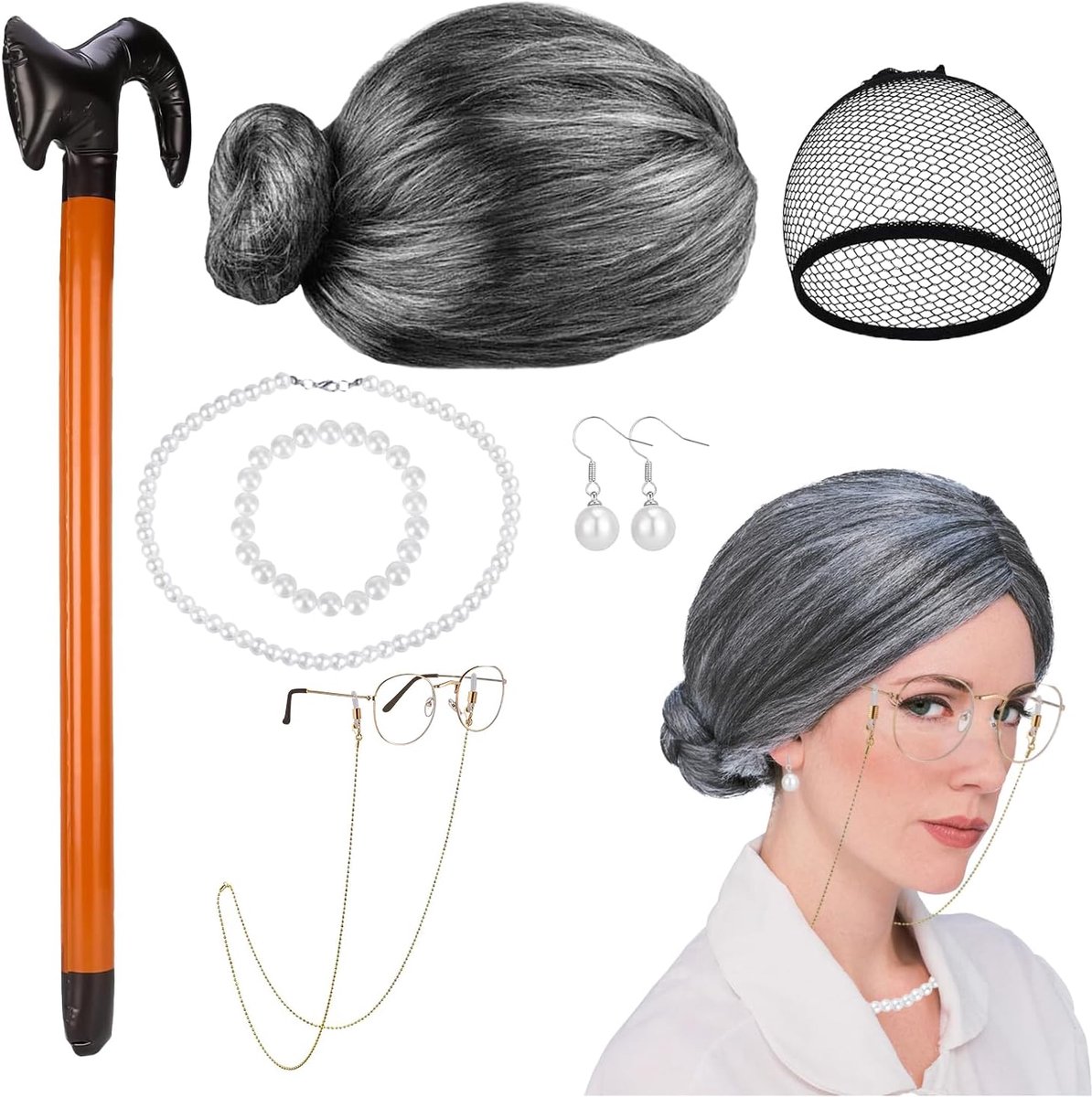 7 stuks pruik oma-pruik oma-set voor het verkleden van oma met pruik met bril, sieraden kralen en wandelstok voor carnaval, cosplay