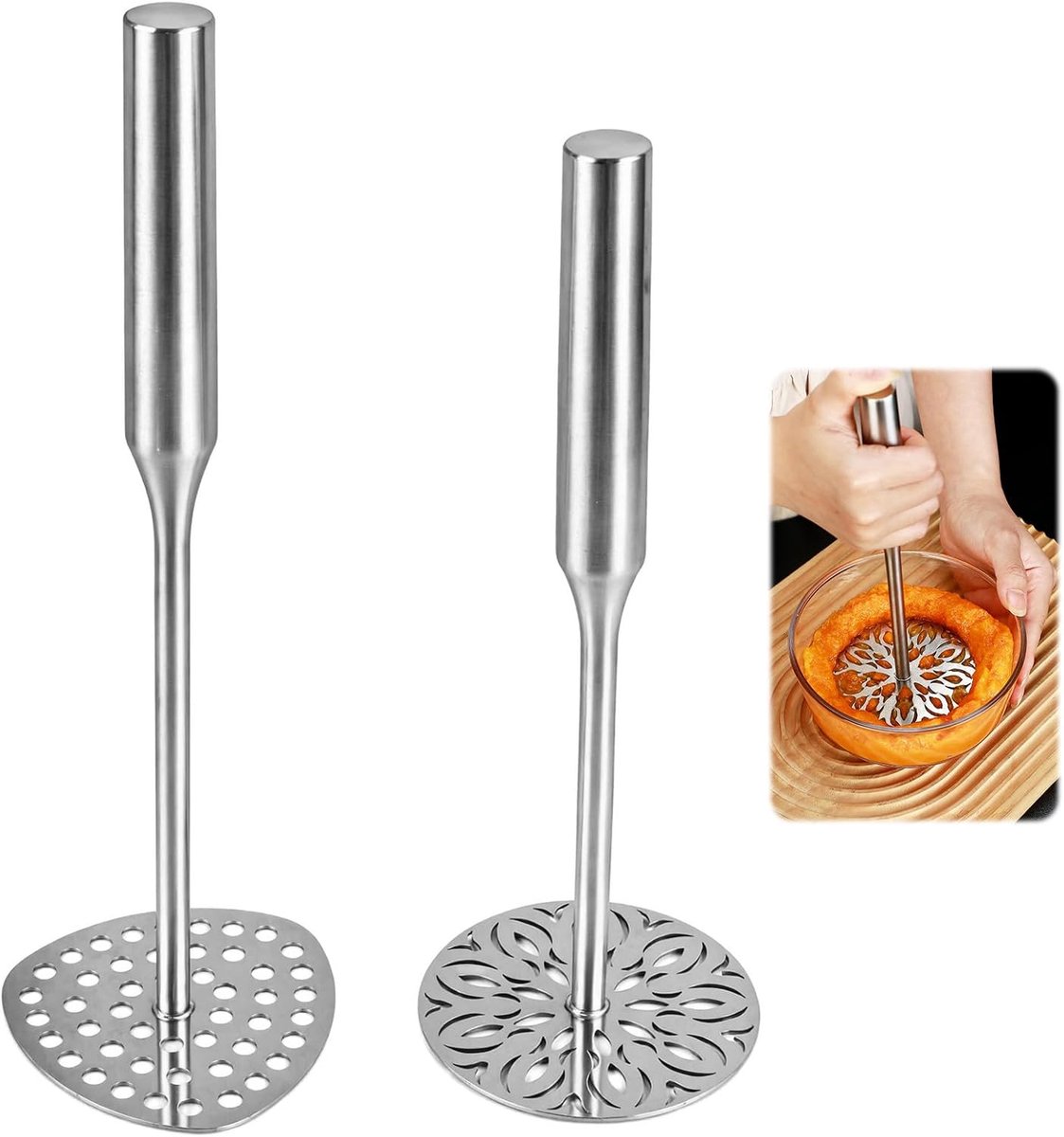 2 stuks aardappelstamper van roestvrij staal, handmatige aardappelpers met ergonomische handgreep, professionele pasmachine, roestvrij, vaatwasmachinebestendig, keukenhulp voor aardappelen, groenten