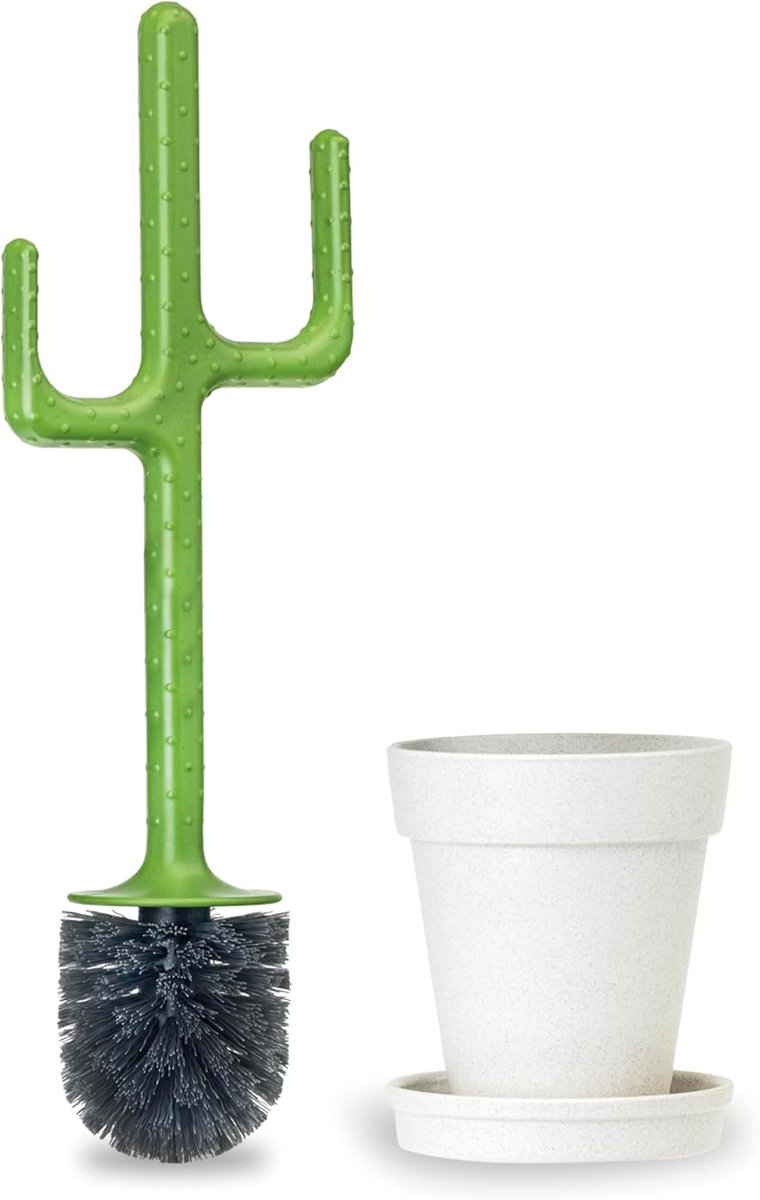 Toiletborstelset - Extra Lange Steel - 12,5 x 11,5 x 39 cm - Cactus Collectie - Potvoet met Schotel - Sterke Haren - Groen