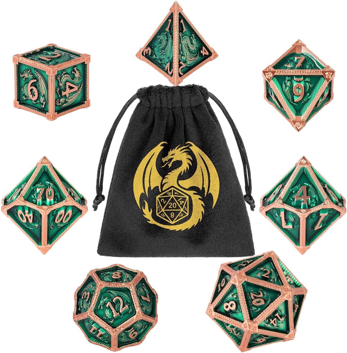 Metalen drakendobbelstenen, 7-delige polyhedral metalen dobbelstenen, RPG, MTG, rollenspel, bordspel, accessoires, D&D geschenken met geschenktas, D20, D12, 2 D10 (00-90 en 0-9), D8, D6 en D4