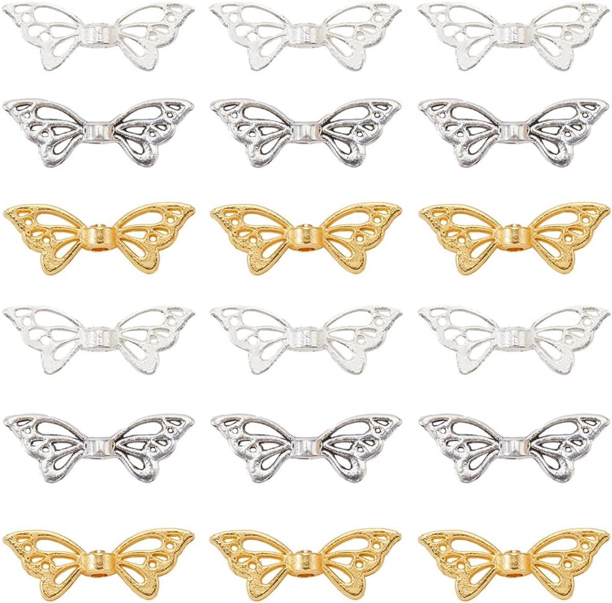 1 doos 150 stuks 3 kleuren metalen vlinder kraal bulk vleugel spacer kralen legering antiek goud zilver Tibetaanse holle vlinders vleugels losse kralen voor sieraden maken armband ambachten