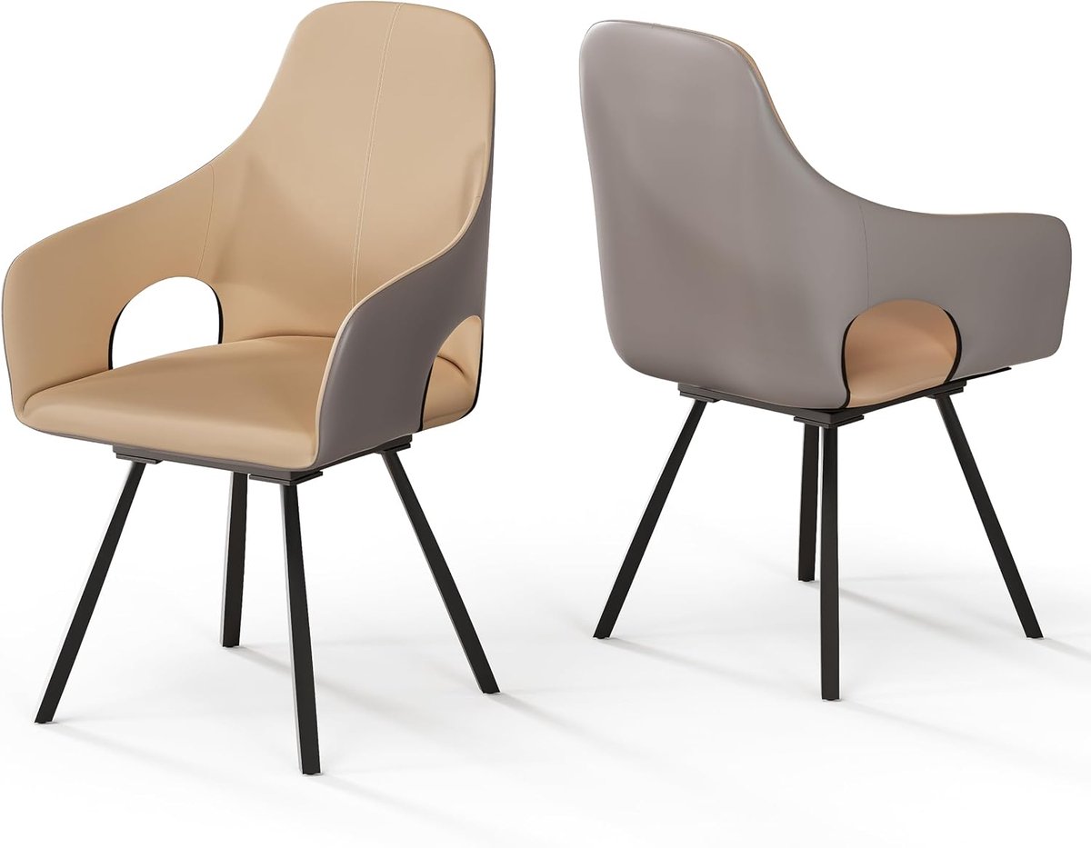 Eetkamerstoelen, set van 2, leer, keukenstoelen met armleuning, draaistoelen, eetkamer voor eettafel, beige, grijs, moderne eetkamerstoelen, set van 2 luxe stoelen, belastbaar 150 kg