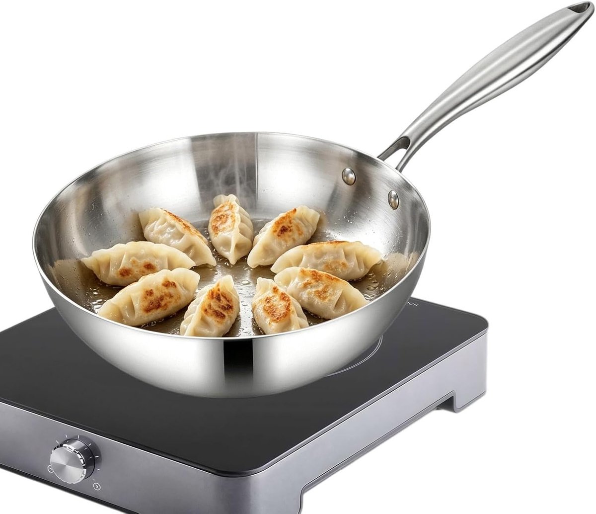 Antiaanbakpan met drie om te springen | Stalen sauteerpan voor keuken, koken, stoven, langzaam koken, familiemaaltijden, groenten, fruit