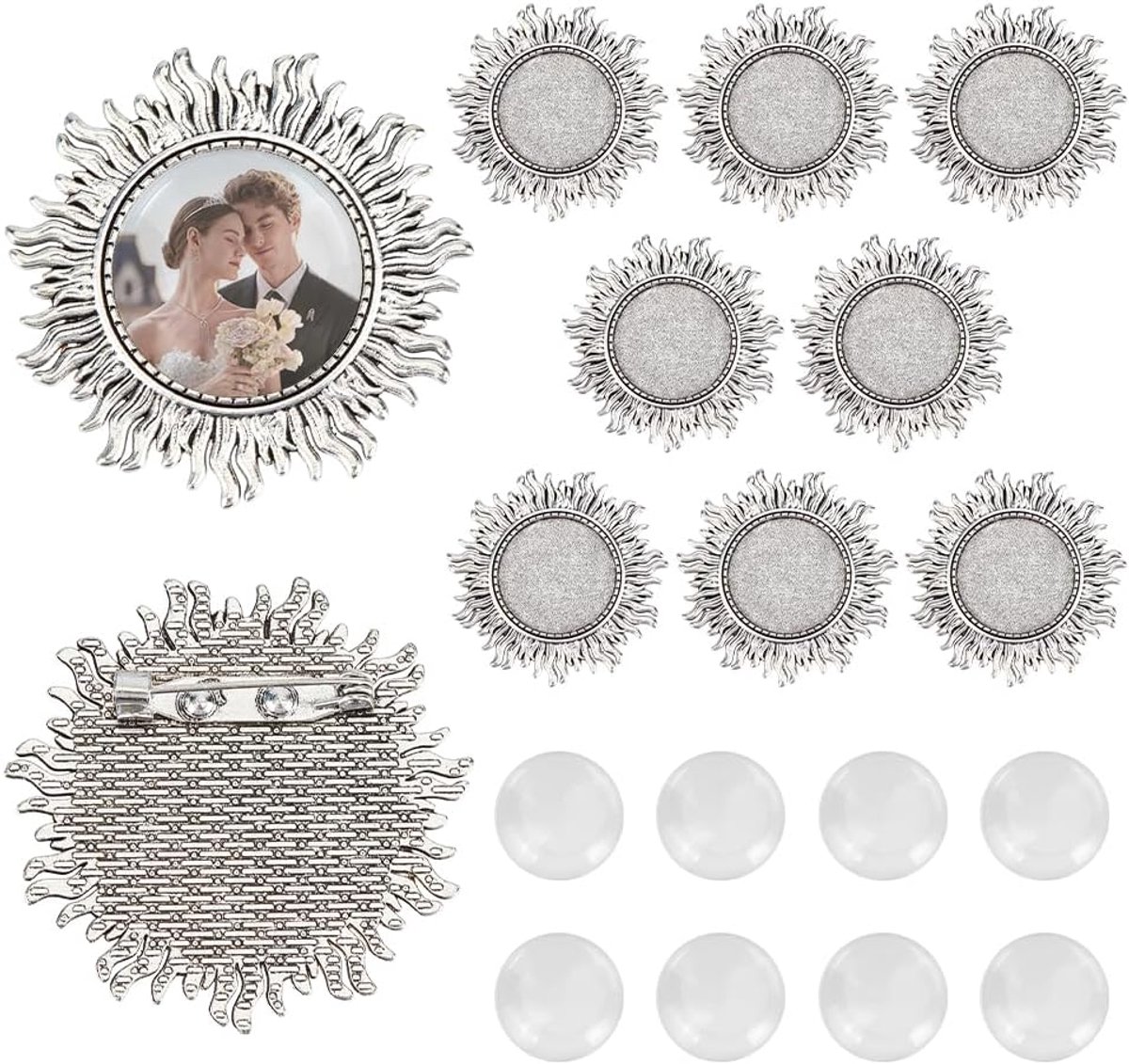 PandaHall 10 sets cabochon broche fitting 2,5 cm zonnevorm lege zetting schaal met glazen cabochons ronde antieke broche naalden antiek zilveren cabochon frame foto pin voor doe-het-zelf bruiloft